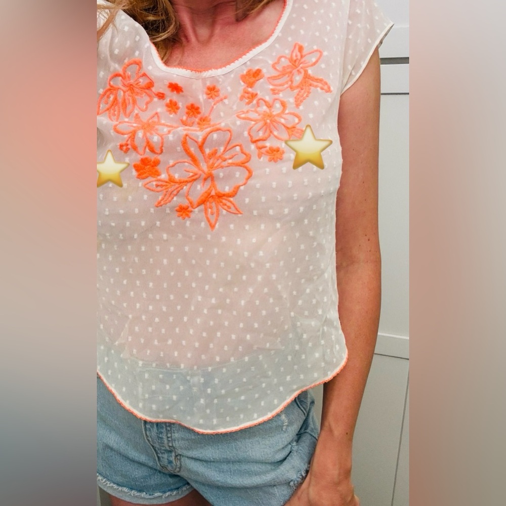 Hollister Semi Sheer Top White Neon Orange Embroidered Flowers Sz XS